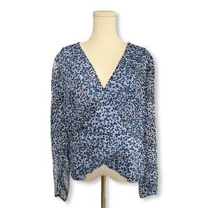 Express V-Neck Top Women Sz XL Blue Leopard Animal Print Lined Peplum Ruffle Hem